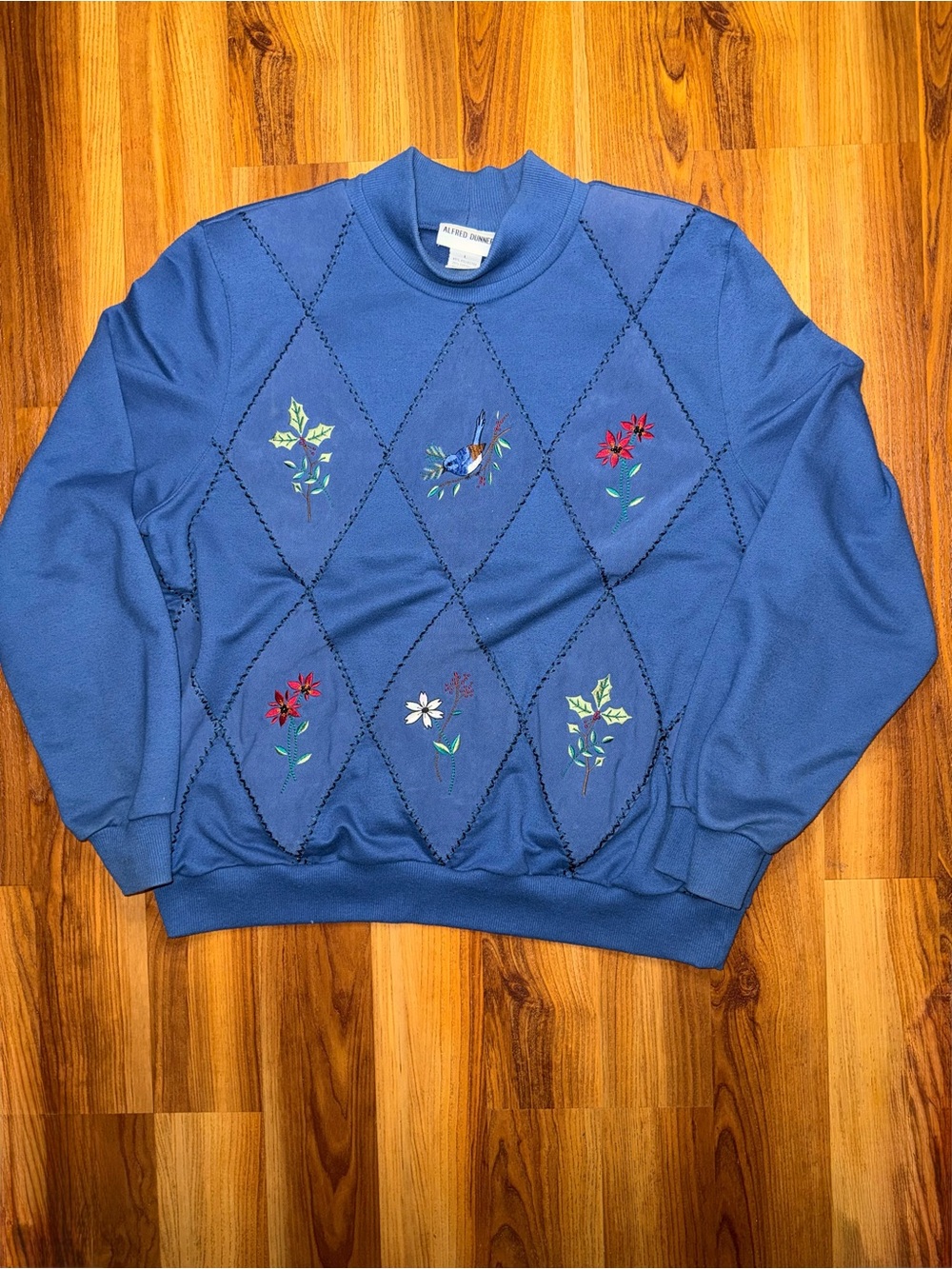 Alfred Dunner Blue Crewneck Sweater with Embroidered Bird and Floral Diamonds